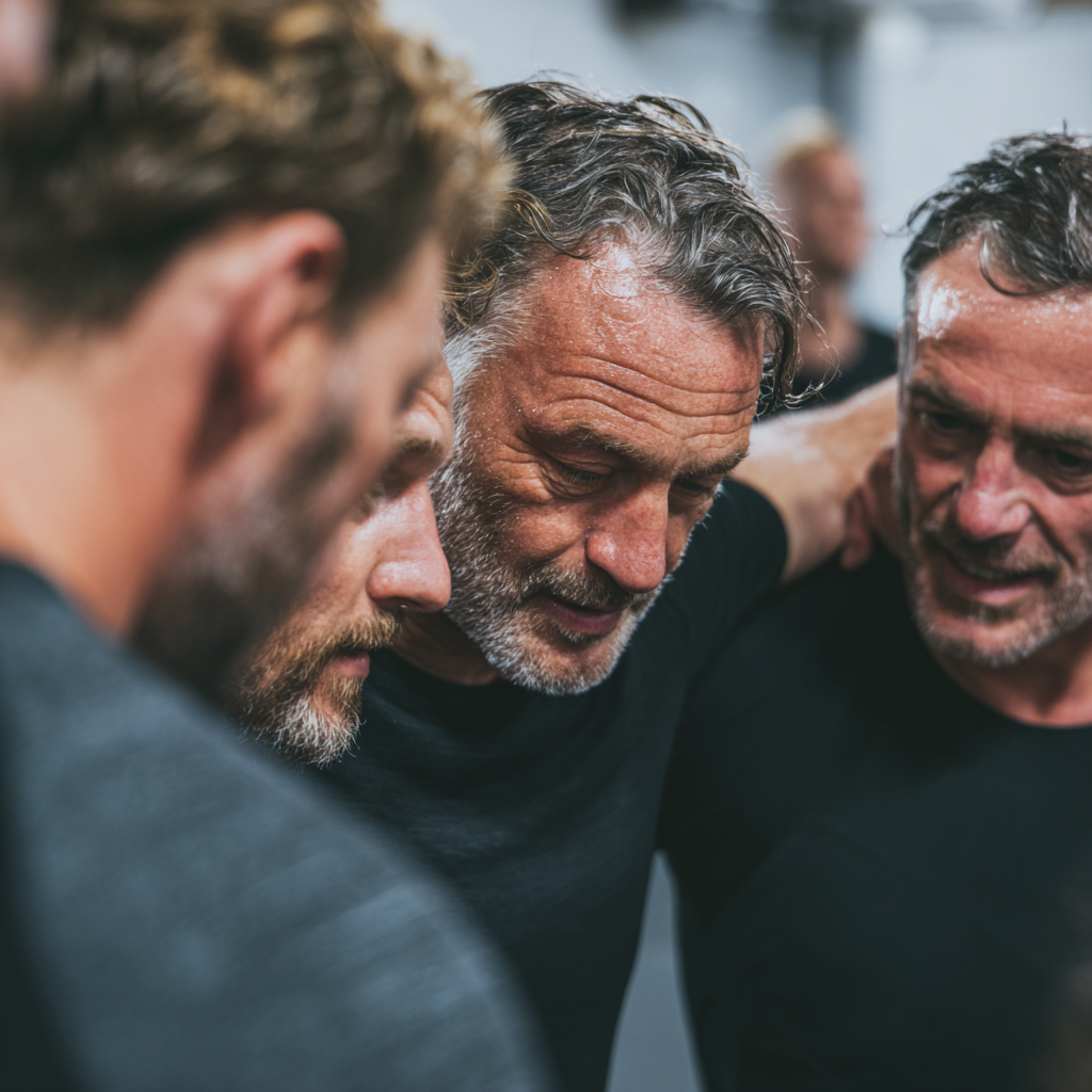 Group of middle-aged men supporting each other during training session, showing community spirit