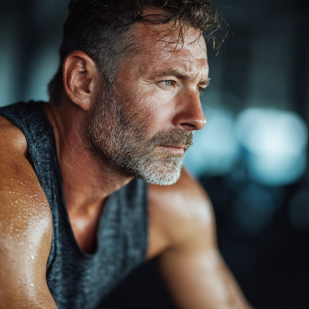 Middle-aged man focused during workout session, showing determination and physical development