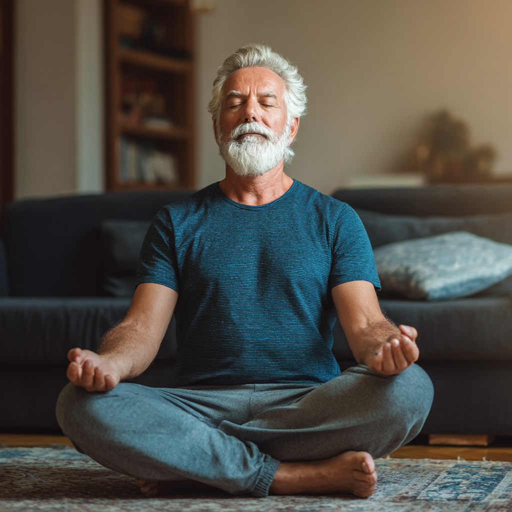 Older adult man practicing meditation and mental focus exercises, demonstrating inner strength